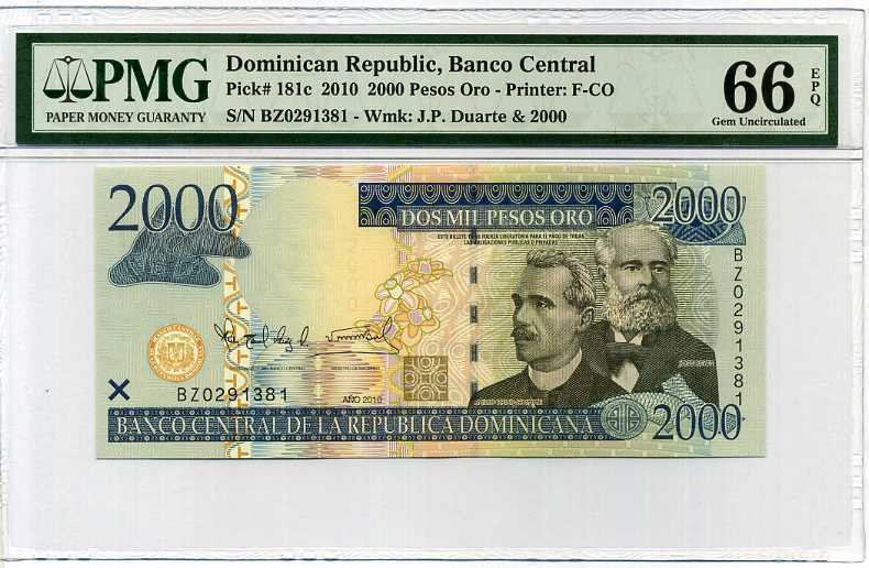 Dominican Republic 2000 Pesos 2010 P 181 c GEM UNC PMG 66 EPQ