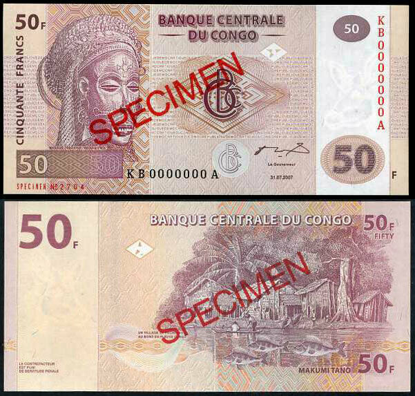 CONGO 50 FRANCS 2007 P 97 KB-A SPECIMEN UNC