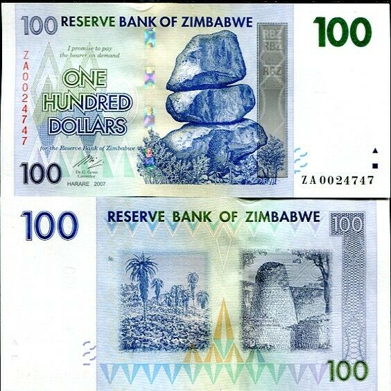 Zimbabwe 100 Dollars 2007 P 69 ZA REPLACEMENT UNC