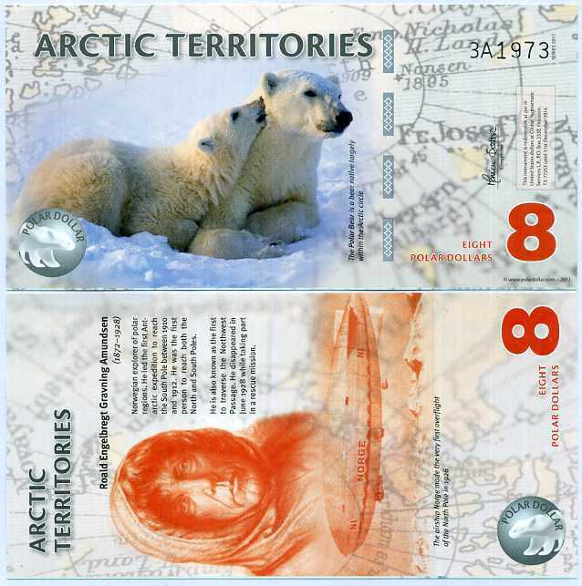 Arctic Territories 8 Dollar 2011 Polymer Polar Bear UNC