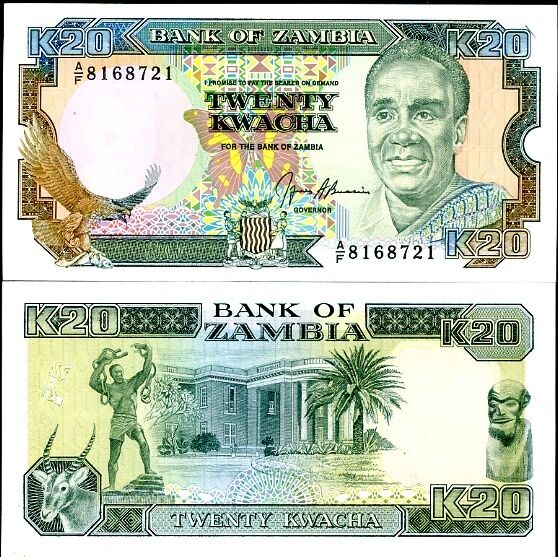 ZAMBIA 20 KWACHA 1989-91 P 32 UNC