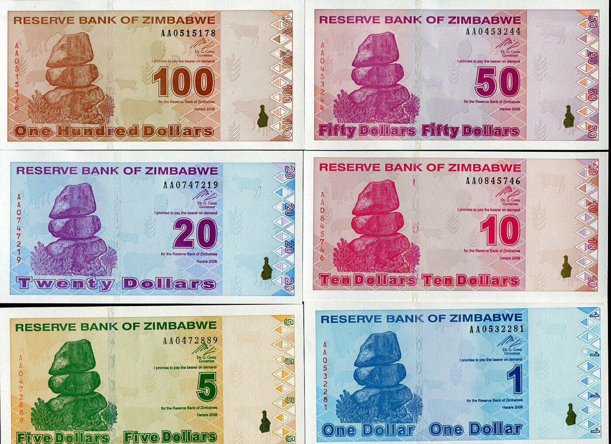 ZIMBABWE SET 6 PCS 1 5 10 20 50 100 DOLLARS 2009 P 92 93 94 95 96 97 UNC