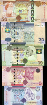 LIBYA SET 5 PCS 1 5 10 20 50 DINARS 2008-2009 P 71 72 73 74 75 NEW UNC