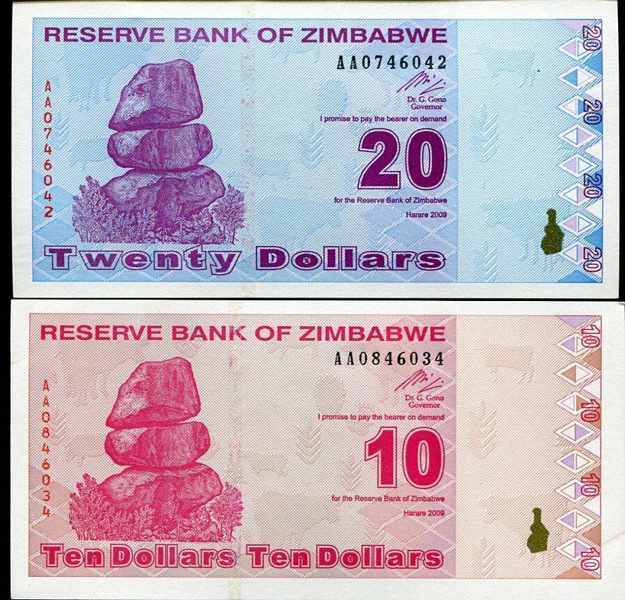 ZIMBABWE SET 2 PCS 10 20 DOLLARS 2009 P 94 95 UNC