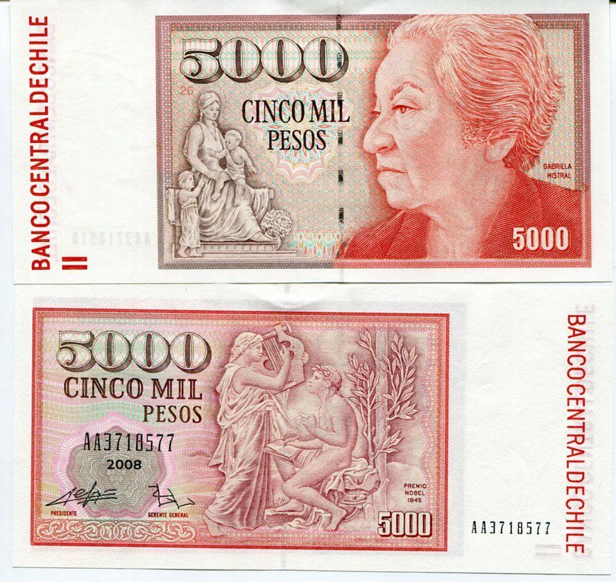 CHILE 5000 PESOS 2008 P 155 AA PREFIX UNC