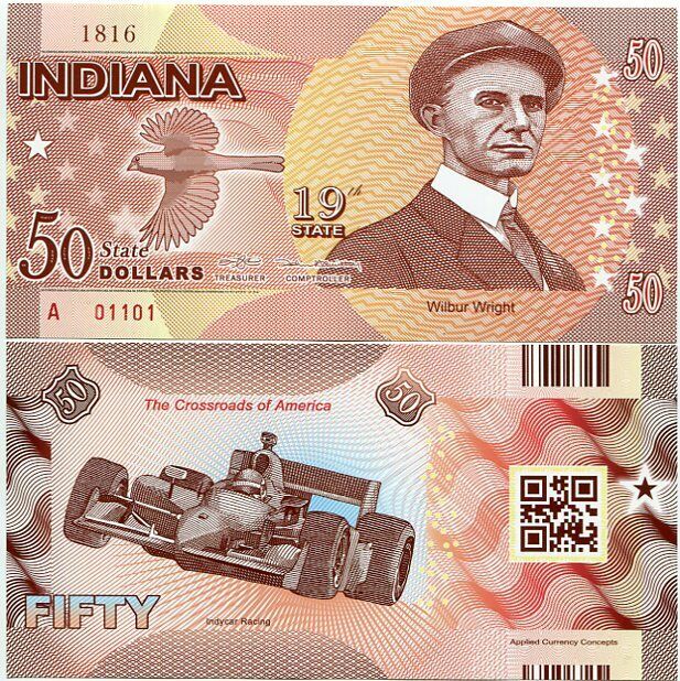 USA INDIANA 50 DOLLARS 2016 STATE 19TH POLYMER INDIANA P NEW WILBUR WRIGHT