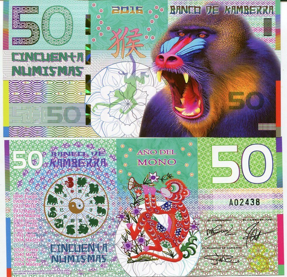 KAMBERRA 50 NUMISMAS 2016 MONKEY APE PRIVATED FANTASY ISSUE POLYMER ZODIAC