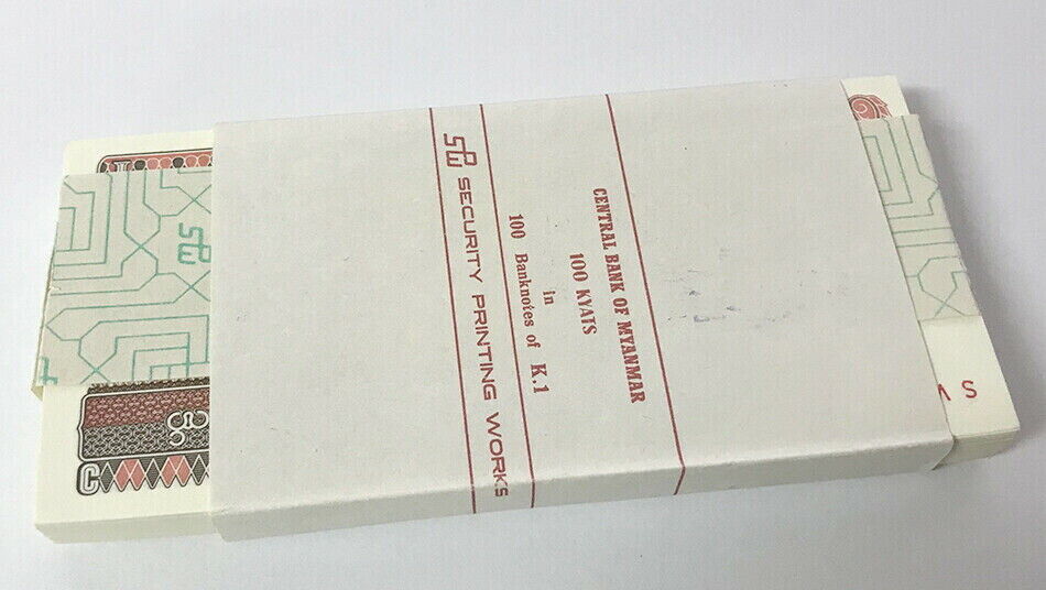 Burma Myanmar 1 Kyats 1990 P 67 UNC LOT 100 PCS 1 BUNDLE