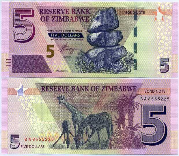 ZIMBABWE 5 DOLLARS 2016 BOND P 100 UNC