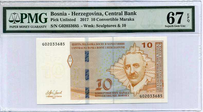 Bosnia 10 Convertible Maraka 2017 P New Superb Gem UNC PMG 67 EPQ High