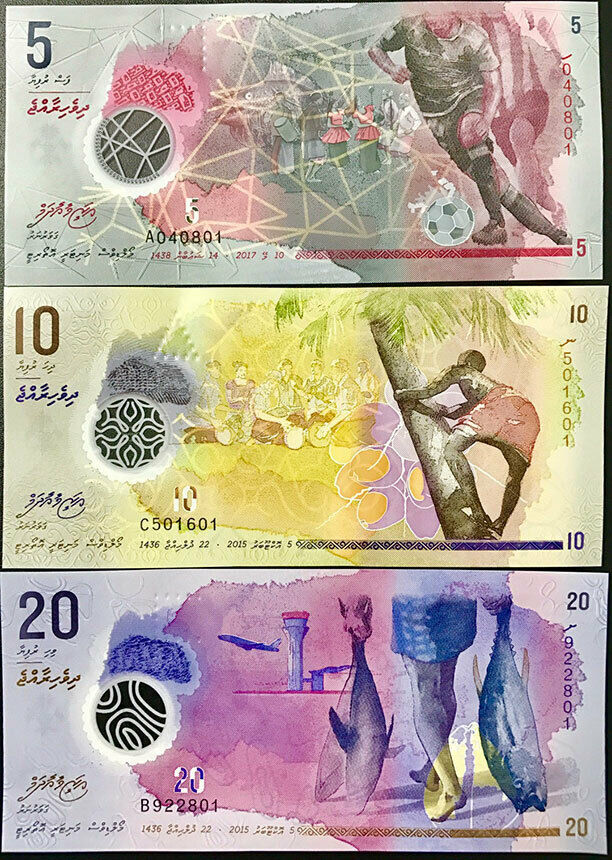 Maldives Set 3 UNC 5 10 20 Rufiyaa 2015/2017 Polymer P 26A (A26) 26 27
