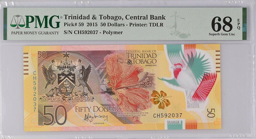 Trinidad & Tobago 50 Dollars 2015 P 59 Polymer Superb Gem UNC PMG 68 EPQ HIGH
