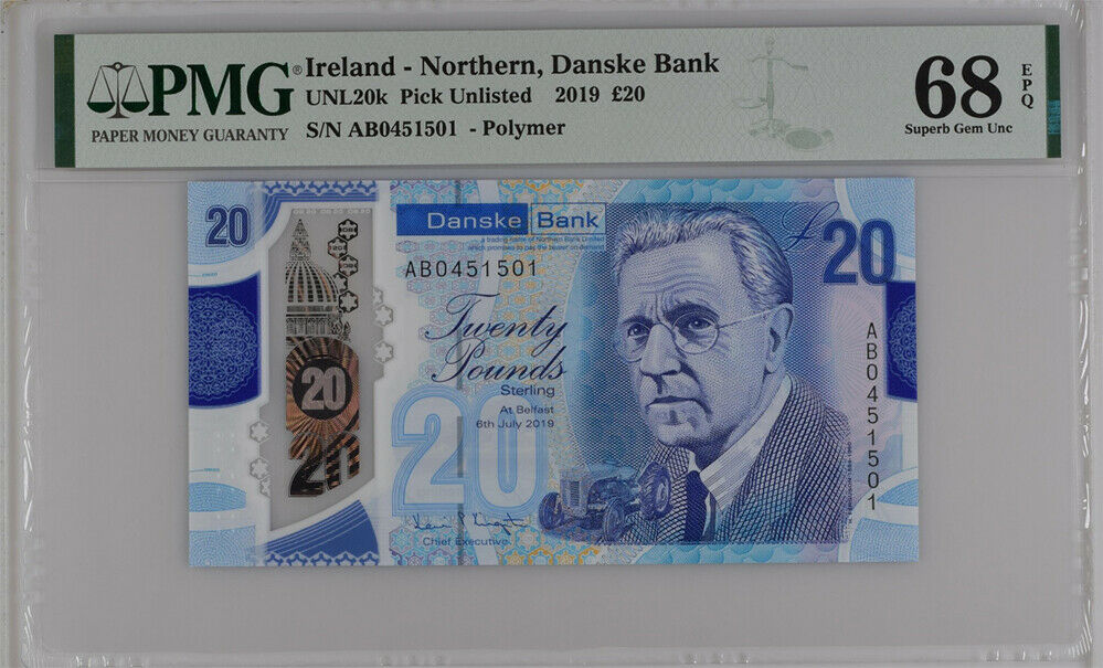 Northern Ireland 20 Pound Danske Bank 2019 Ferguson Superb Gem UNC PMG 68 EPQ