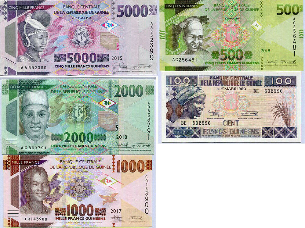 Guinea SET 5 UNC 100 500 1000 2000 5000 Francs 2015 2017 2018 P NEW
