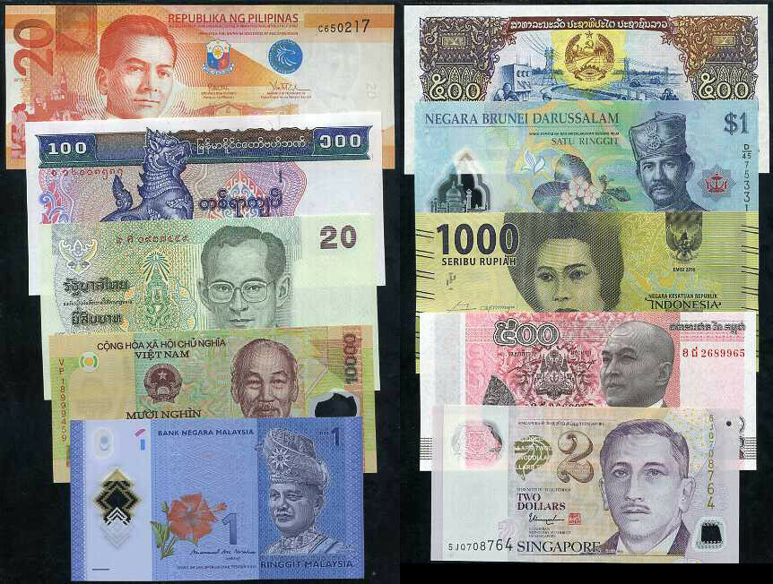SOUTHEAST ASIA SET 10 UNC BRUNEI CAMBODIA INDONESIA LAOS SINGAPORE THAILAND ETC.