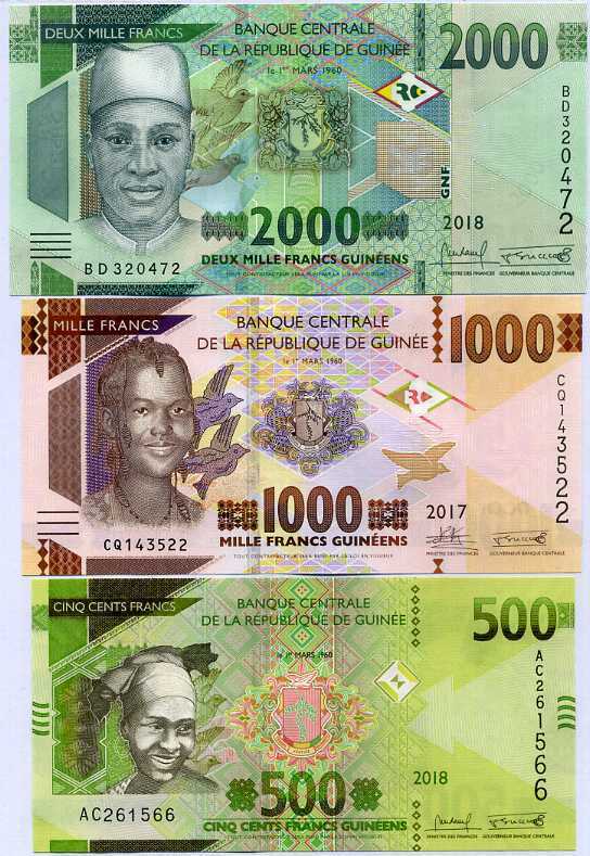 GUINEA SET 3 UNC 500 1000 2000 FRANCS 2017 2018 / 2019 P A47 47b NEW