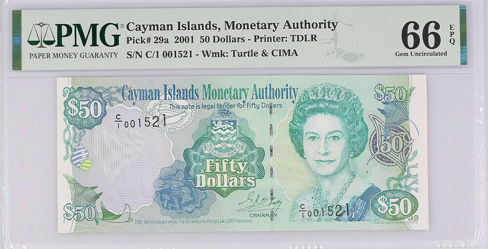 Cayman Islands 50 Dollars 2001 P 29 a Gem UNC PMG 66 EPQ