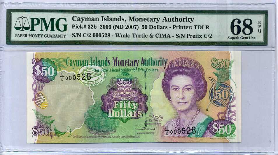 Cayman Islands 50 Dollars 2003 / 2007 P 32 Superb Gem UNC PMG 68 EPQ  TOP POP