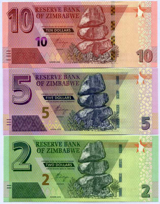 Zimbabwe Set 3 Pcs 2 5 10 Dollars 2019 2020 P 101 102 103 UNC