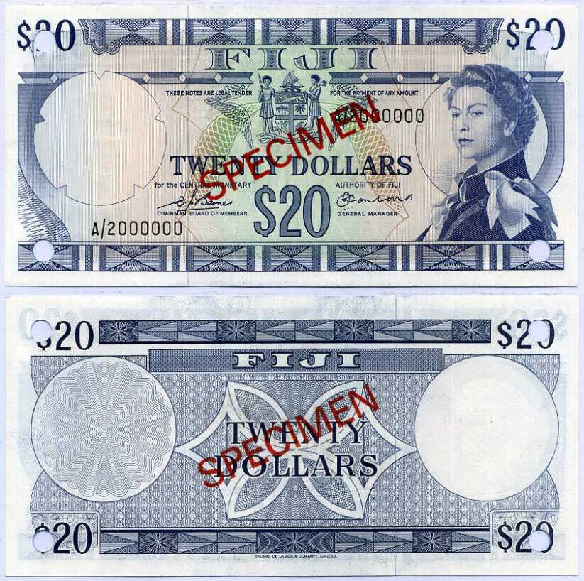 Fiji 20 Dollars QE II 1974 P 75 a Specimen A/2 UNC