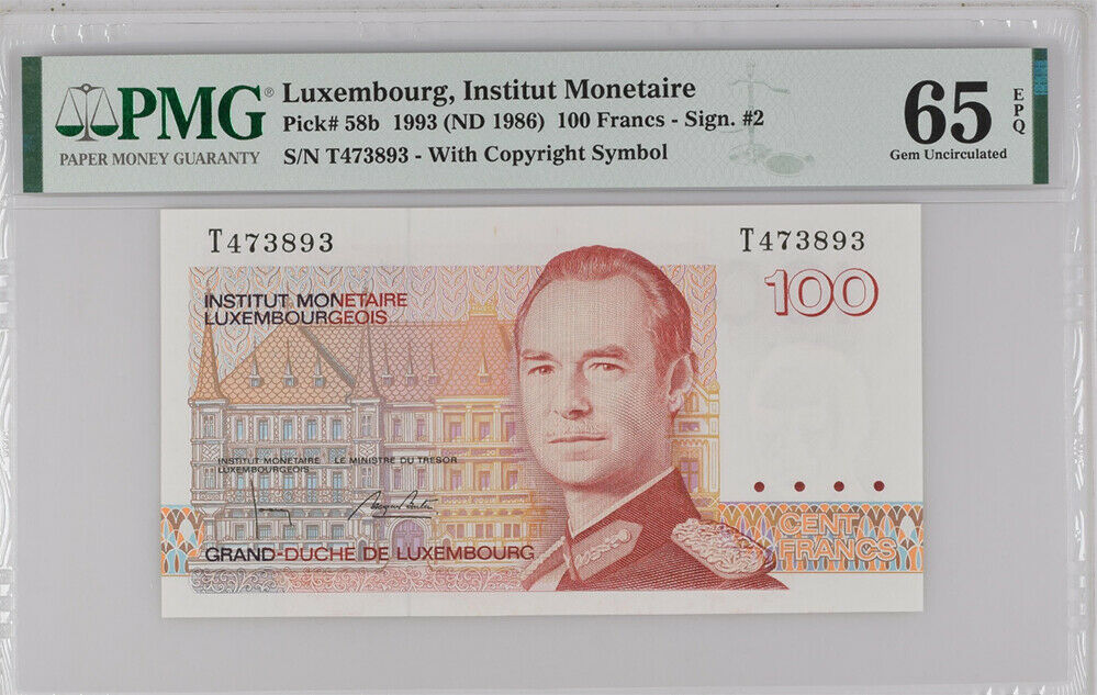 Luxembourg 100 Francs 1993 ND 1986 P 58 b Gem UNC PMG 65 EPQ