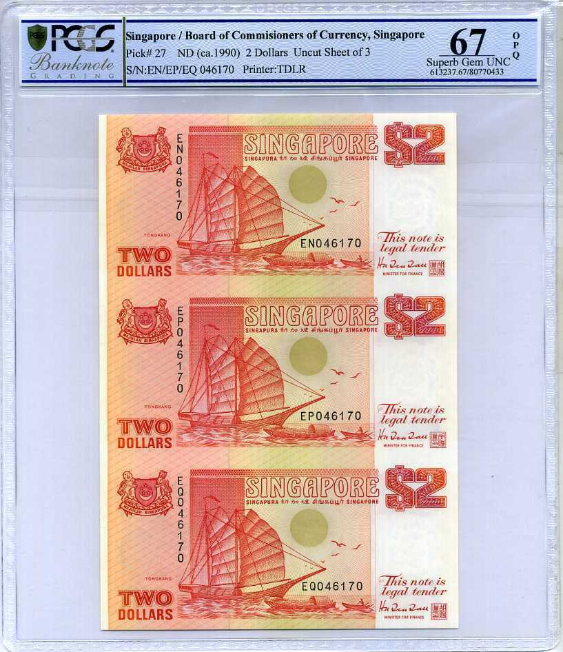 Singapore 2 Dollars ND 1990 P 27 Uncut Superb Gem UNC PCGS 67 PPQ