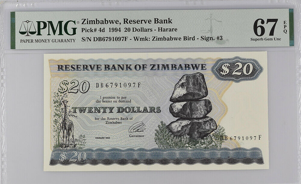 Zimbabwe 20 Dollars 1994 P 4 d Superb Gem UNC PMG 67 EPQ