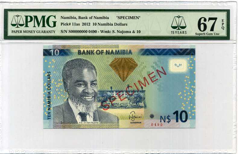 Namibia 10 Dollars ND 2012 P 11 as Specimen Superb Gem UNC PMG 67 EPQ TOP POP