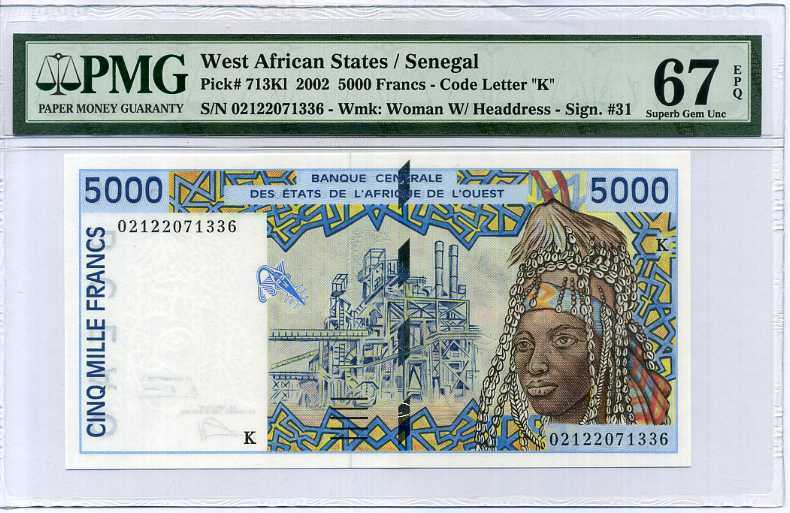 West African State Senegal 5000 FR 2002 P 713 K Superb Gem UNC PMG 67 EPQ High