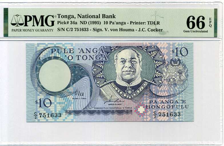 Tonga 10 Pa'anga ND 1995 P 34 a Gem UNC PMG 66 EPQ NEW LABEL