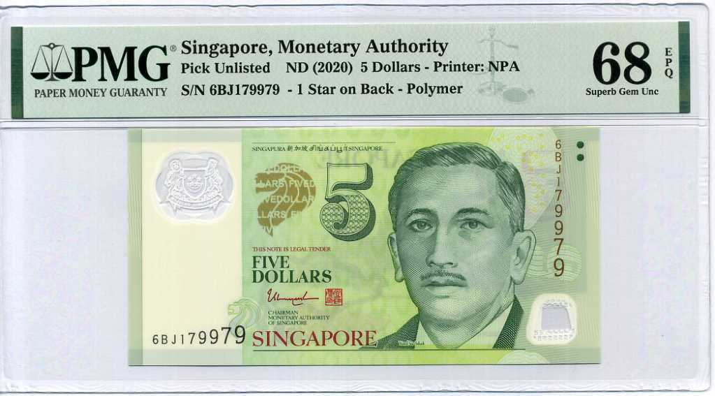 Singapore 5 Dollars ND 2020 P 47 g With 1 Star Polymer Superb Gem UNC PMG 68 EPQ