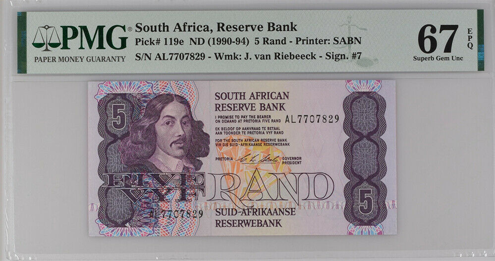 South Africa 5 Rand ND 1990-1994 P 119 e Superb Gem UNC PMG 67 EPQ