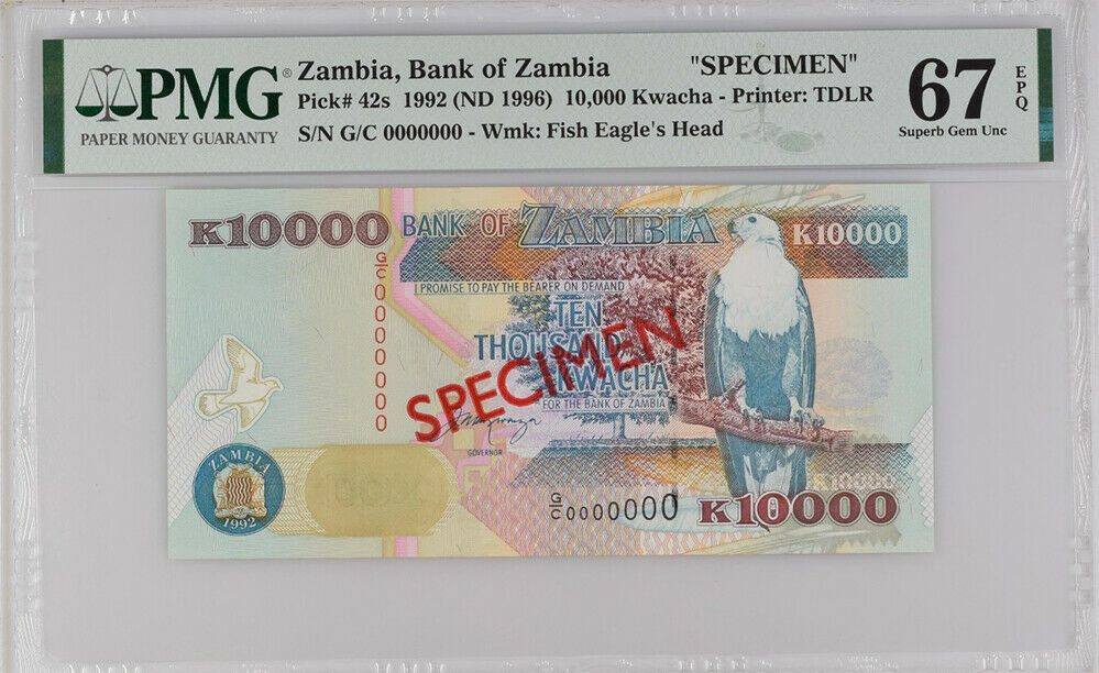 Zambia 10000 Kwacha 1992 P 42 Specimen Superb Gem UNC PMG 67 EPQ