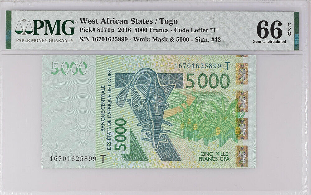 West African States Togo 5000 Francs 2016 P 817Tp Gem UNC PMG 66 EPQ