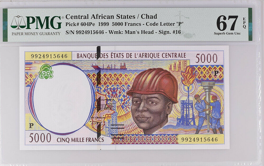 Central African States Chad 5000 Francs 1999 P 604Pe Superb Gem UNC PMG 67 EPQ