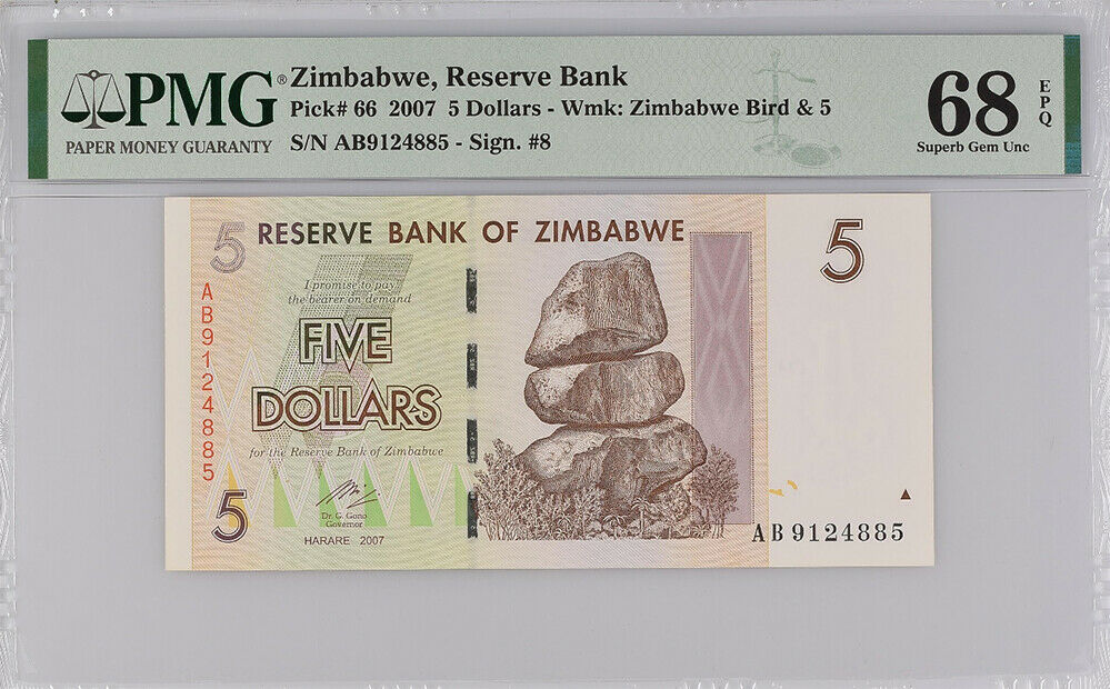Zimbabwe 5 Dollars 2007 P 66 Superb Gem UNC PMG 68 EPQ