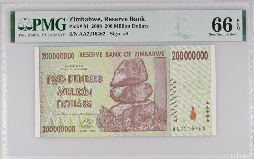 Zimbabwe 200 Million Dollars 2008 P 81 Gem UNC PMG 66 EPQ