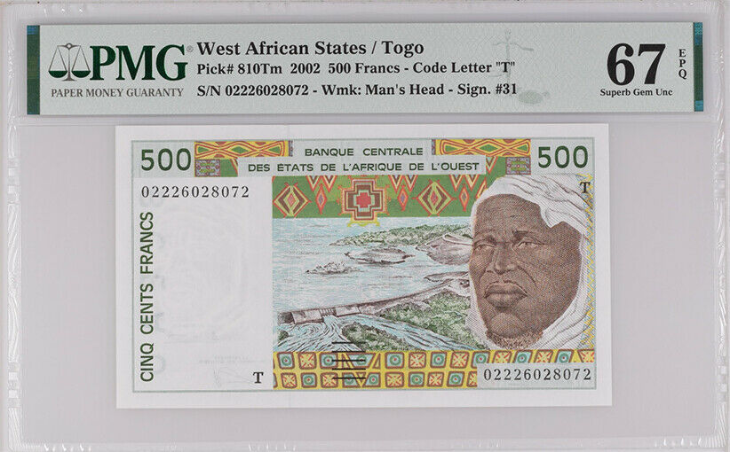 West African States Togo 500 Francs 2002 P 810Tm Superb Gem UNC PMG 67 EPQ