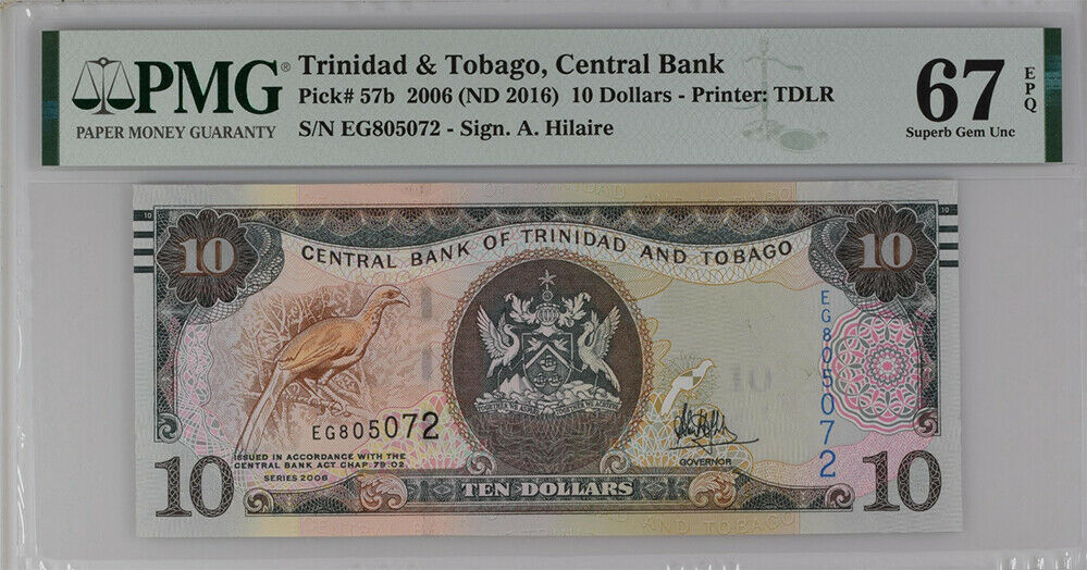 Trinidad & Tobago 10 Dollars Nd 2016 P 57 B Superb Gem UNC PMG 67 EPQ