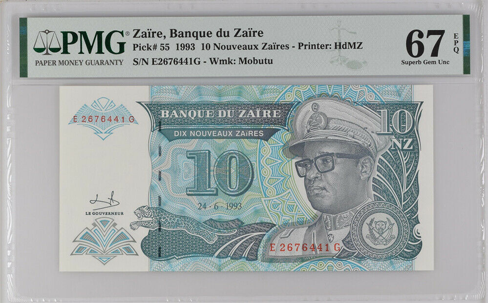 Zaire 10 Nouveaux Zaires 1993 P 55 Superb GEM UNC PMG 67 EPQ Top