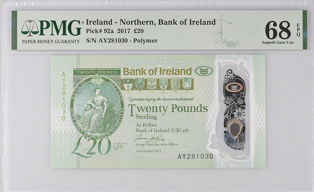 Northern Ireland 20 Pounds 2017 / 2020 BOI P 92 Superb Gem UNC PMG 68 EPQ