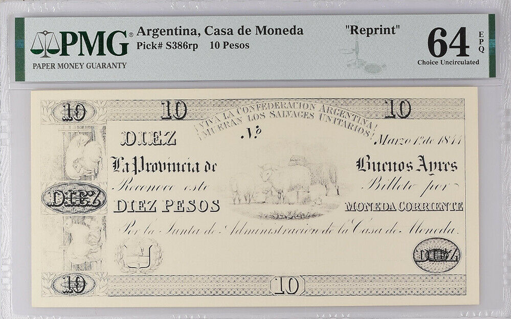 Argentina 10 Pesos Moneda P S386 RP Reprint Choice UNC PMG 64 EPQ