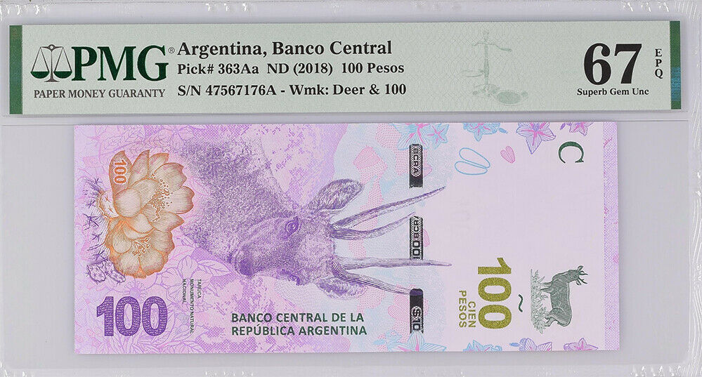 Argentina 100 Pesos ND 2018 P 363Aa Superb GEM UNC PMG 67 EPQ