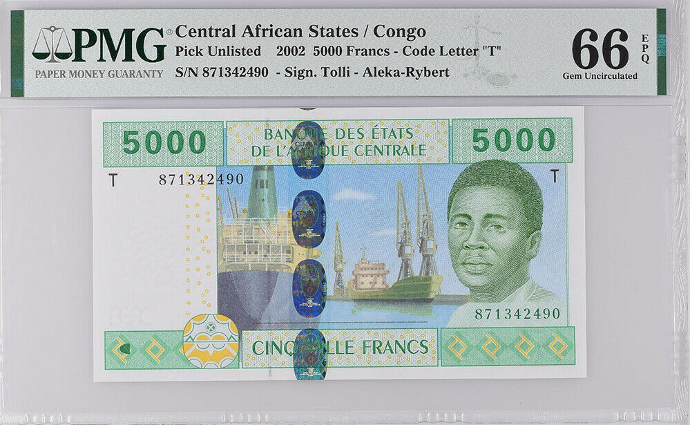 Central African States CONGO 5000 FR. 2002 Tolli Aleka GEM UNC PMG 66 EPQ