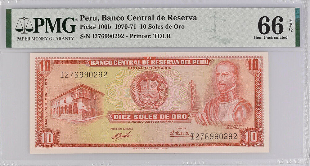 Peru 10 Soles de Oro 1971 P 100 b GEM UNC PMG 66 EPQ Top Pop