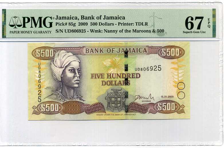 Jamaica 500 Dollars 2009 P 85 G Superb Gem UNC PMG 67 EPQ TOP POP