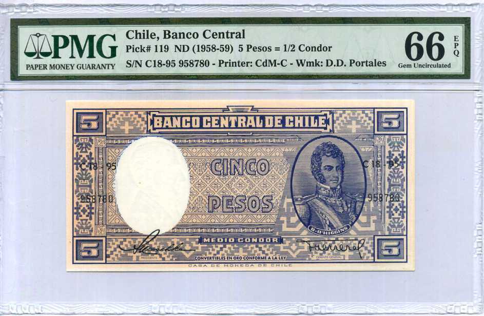 Chile 5 Pesos = 1/2 Condor ND 1958-59 P 119 Gem UNC PMG 66 EPQ High