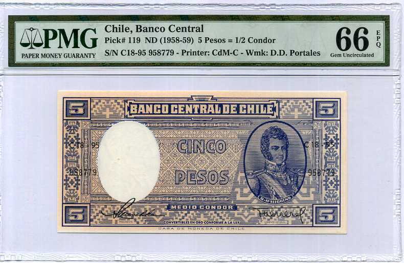 Chile 5 Pesos = 1/2 Condor ND 1958-59 P 119 Gem UNC PMG 66 EPQ