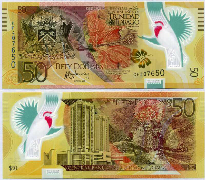 Trinidad & Tobago 50 Dollars 2014 BIRD PERFIX CF P 54 POLYMER COMM. UNC