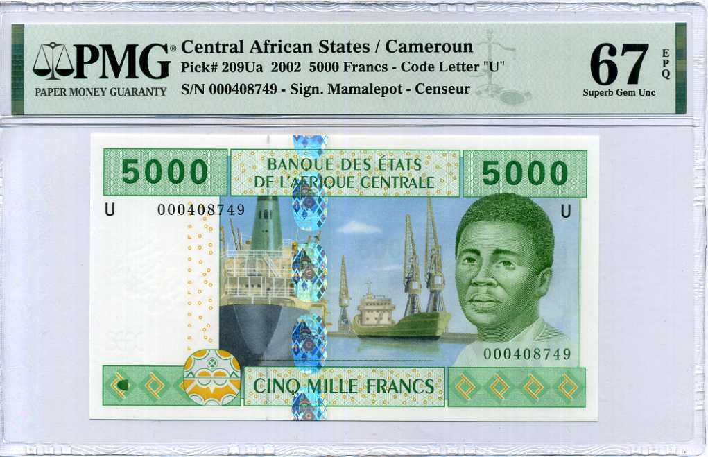 Central African States 5000 F Cameroun P 209Ua SUPERB GEM UNC PMG 67 EPQ